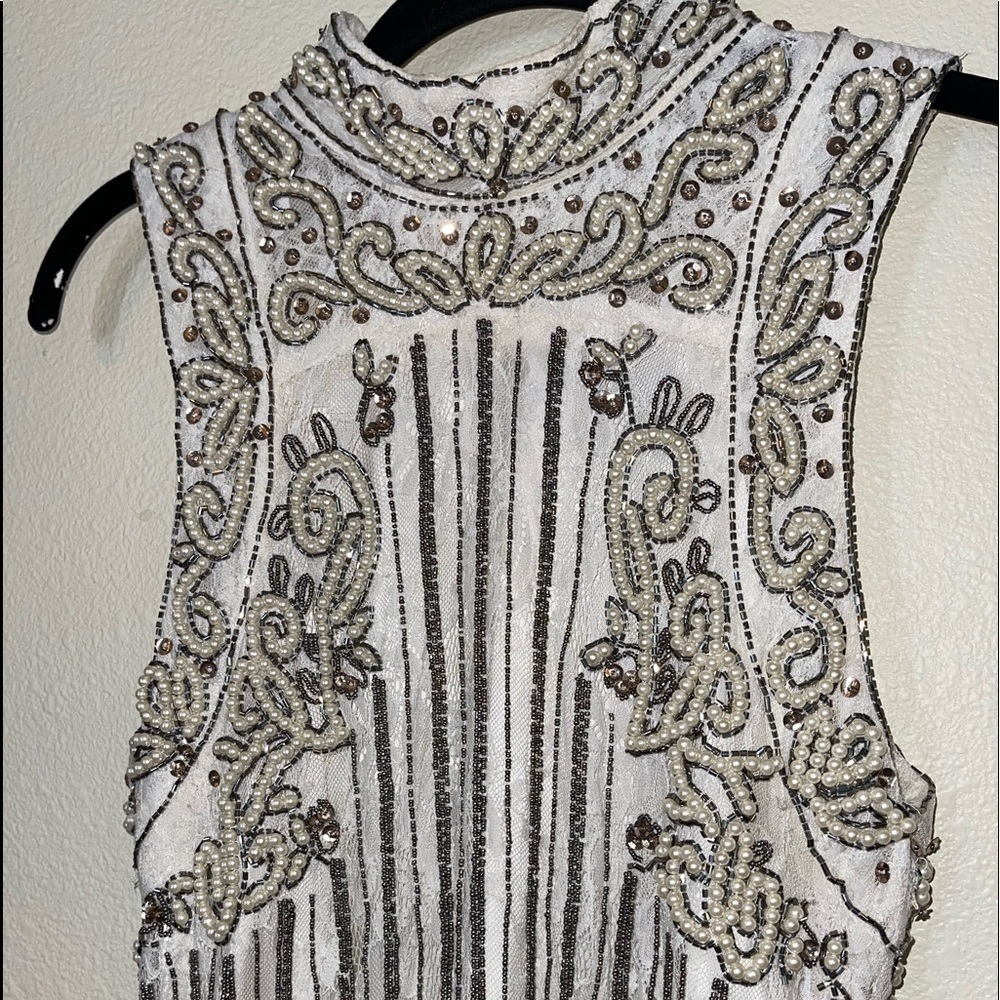 NBD x Revolve Ivory Silver Pearl Beaded High Neck Mini Sheath Dress Small - Picture 13 of 16